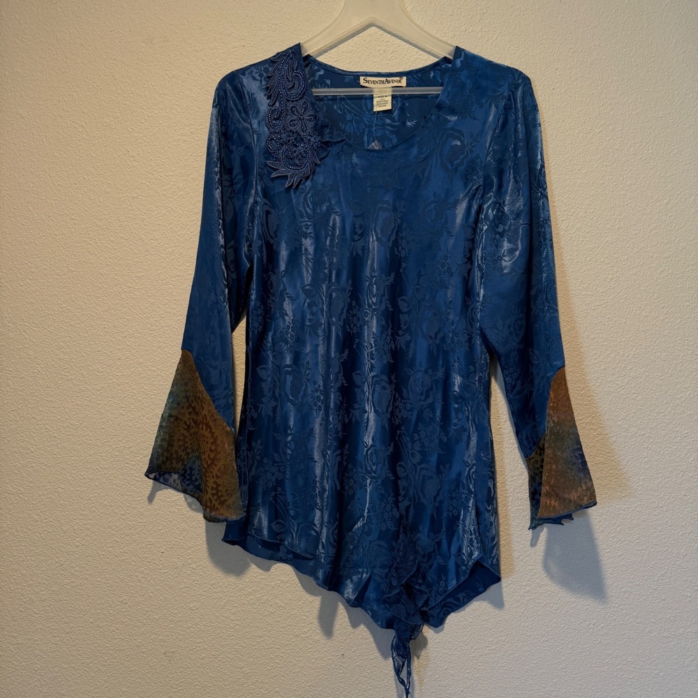 Seventh Avenue Womens Royal‎ Blue Floral Jacquard Beaded Lace Sharkbite Tunic M